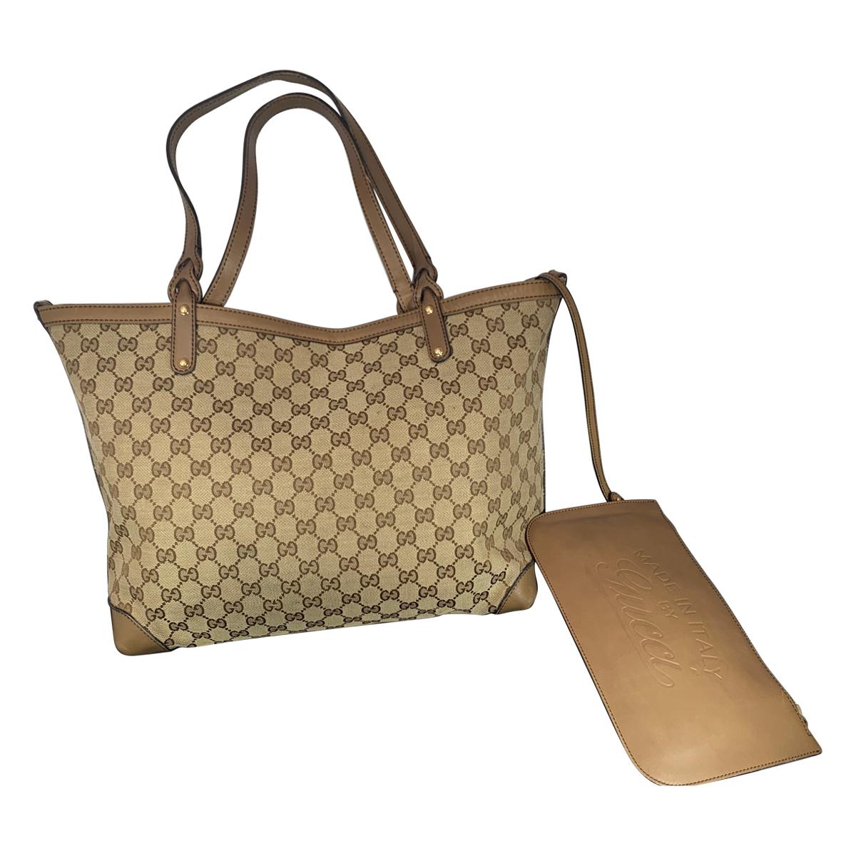 GUCCI Monogram Large Original Tote Tan With Brown Leather/Canvas & GG  Tassels