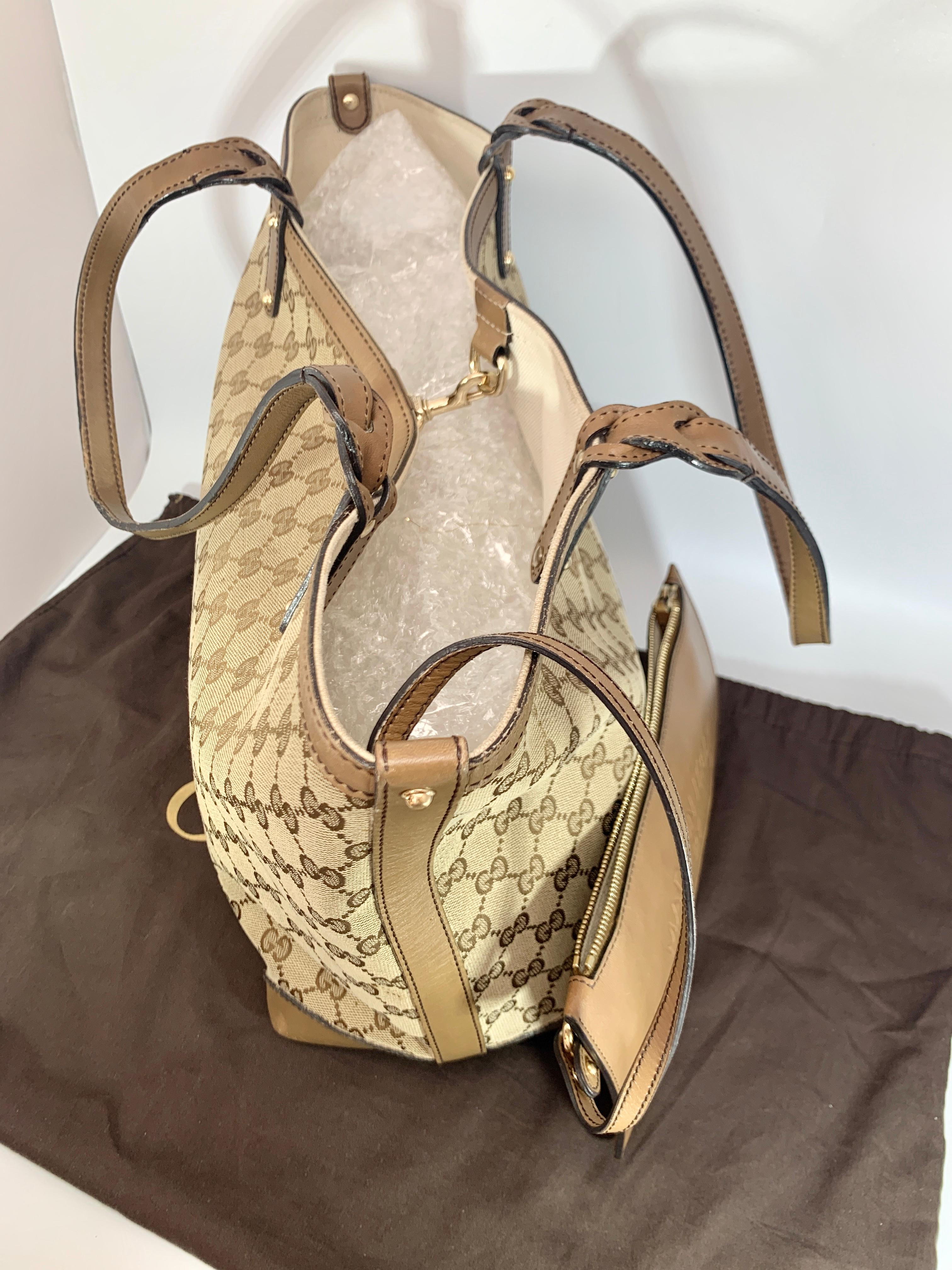 GUCCI Monogram Large Original Tote Tan With Brown Leather/Canvas & GG  Tassels